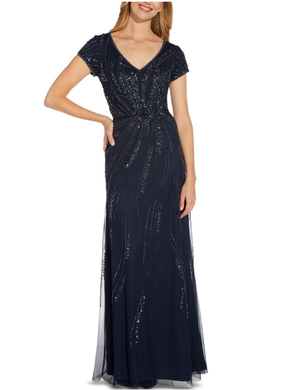 Adriana Papell Navy Beaded V-Neck Evening Gown Plus Size 18W